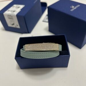 Swarovski Mint Green Leather Double-Wrap Bracelet with Gold Crystal Pave Bar NWT
